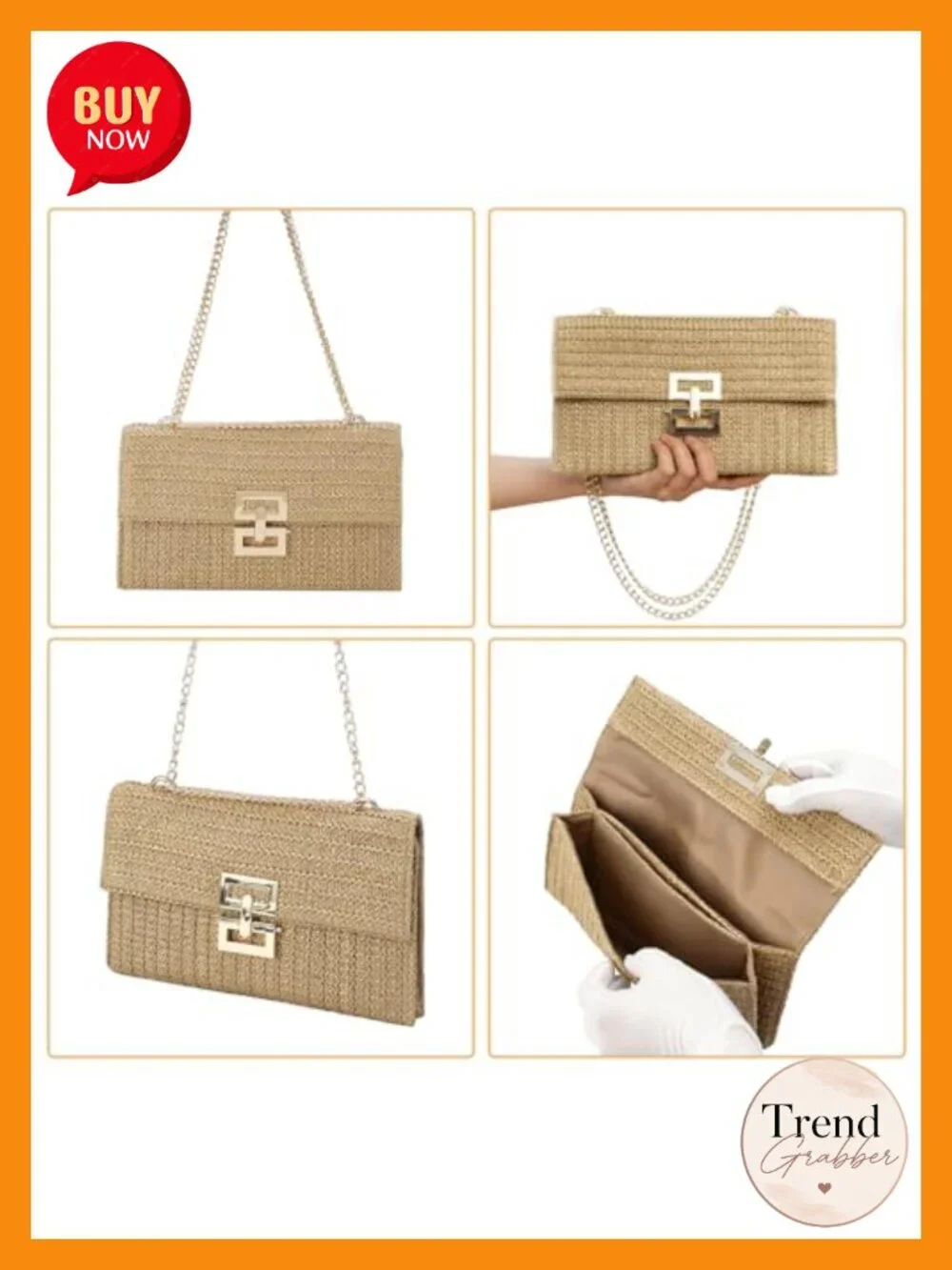 Woven Straw Purses with Metal Chain - Set of 2 Beach Bags for Women